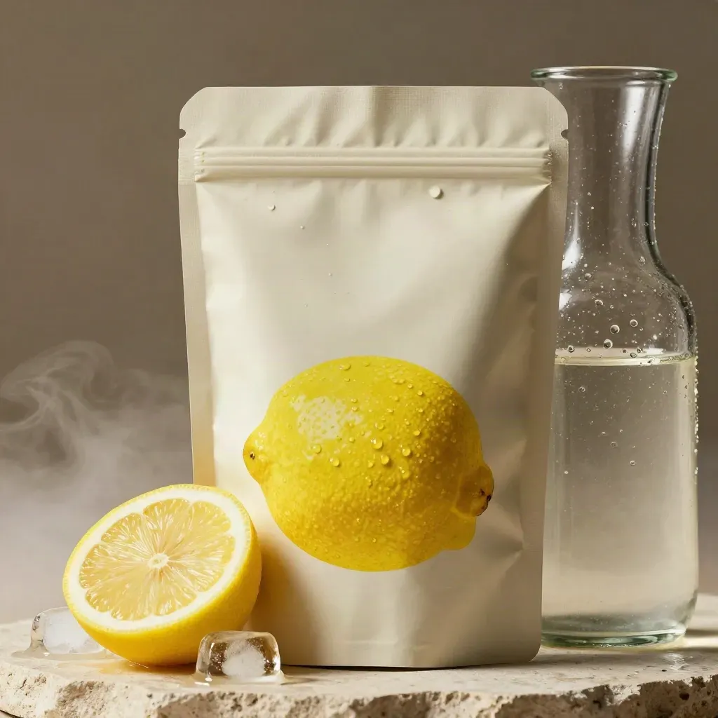 Makro sáčku citronového drink mixu s karafou, citronem a ledem na světlém kameni.
