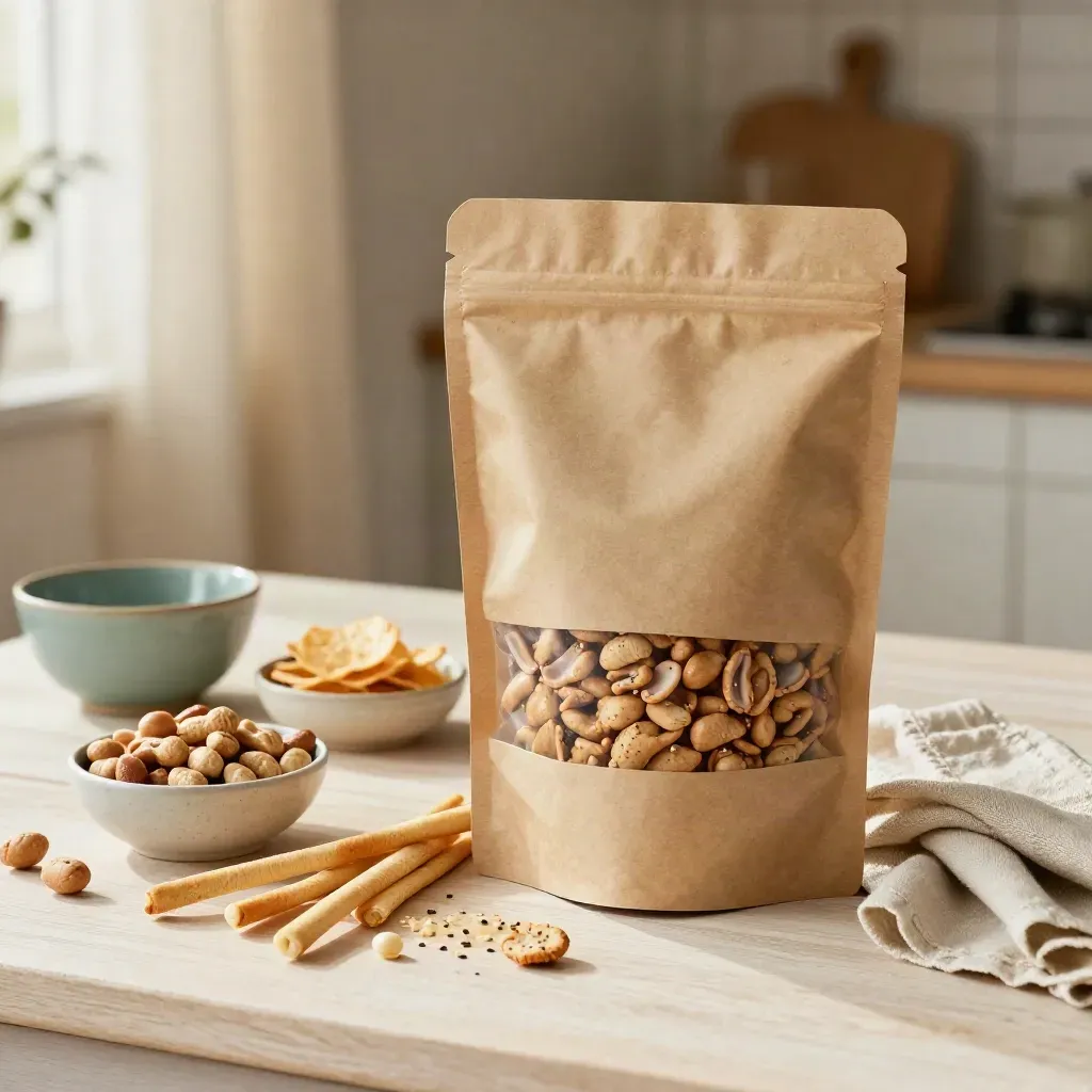Slaný snack mix v neoznačeném sáčku s miskami oříšků, chipsů a tyčinek na světlém dřevě.