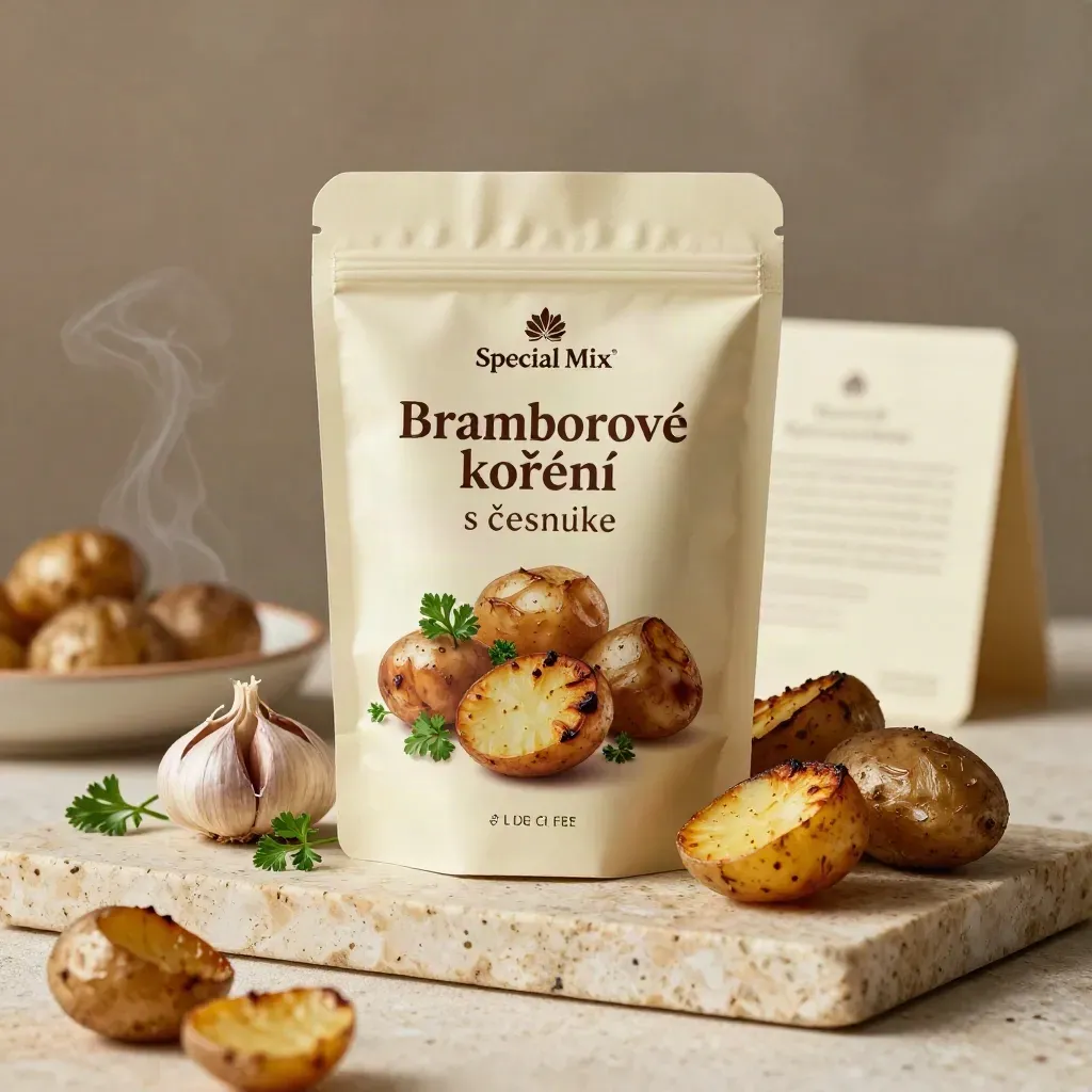 Krémový sáček koření na brambory s česnekem mezi pečenými bramborami a párou