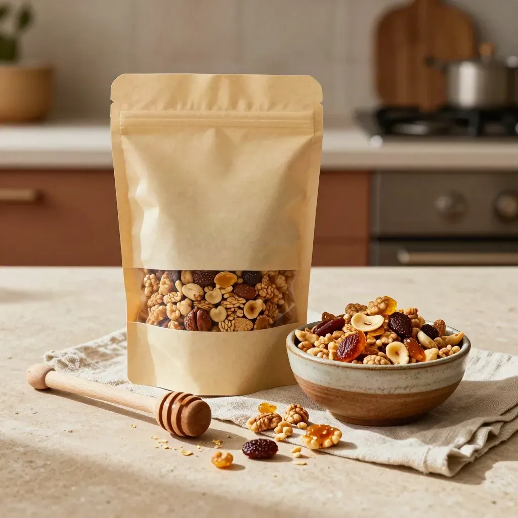 Snack mix v sáčku s oříšky, cereáliemi, medovou naběračkou a miskou na kameni.
