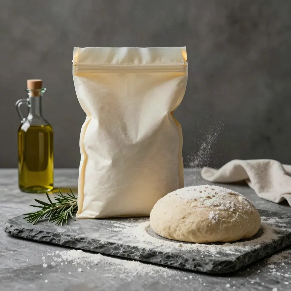 Focaccia směs v sáčku s těstem, rozmarýnem, olejem a solí na pomoučené desce.