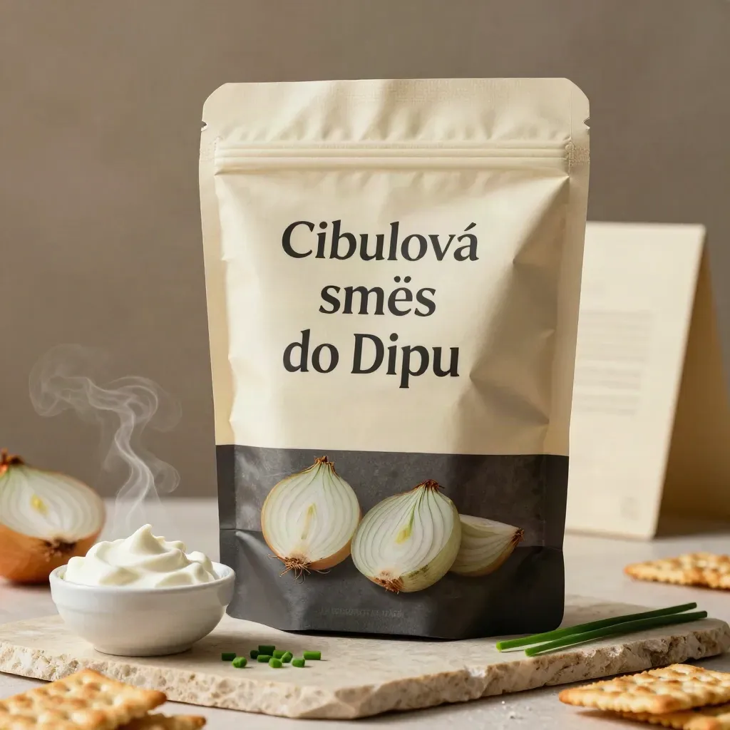 Unbranded sáček směsi na cibulový dip s miskou smetany, cibulí, pažitkou a krekry na kameni.