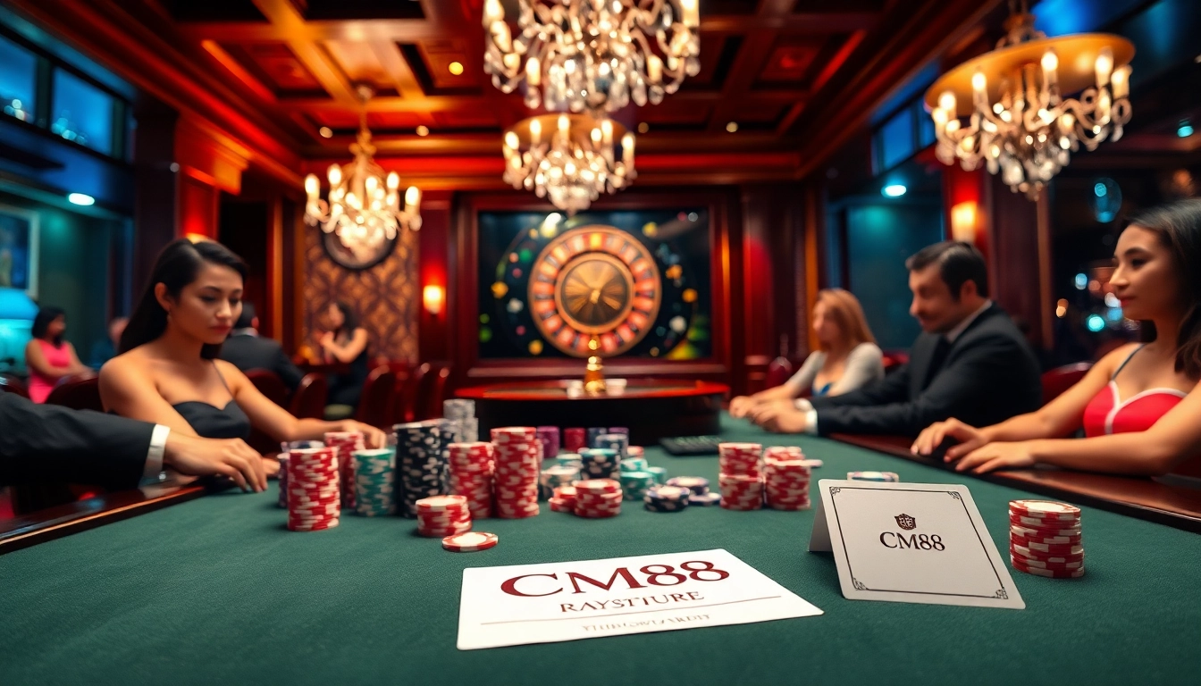 Exciting poker scene featuring CM88 betting slip on a luxurious table with vibrant chips and cards.