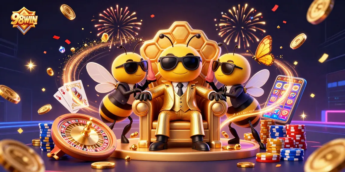 Experience the excitement at 98WIN with golden coins, vibrant games, and lively atmosphere.