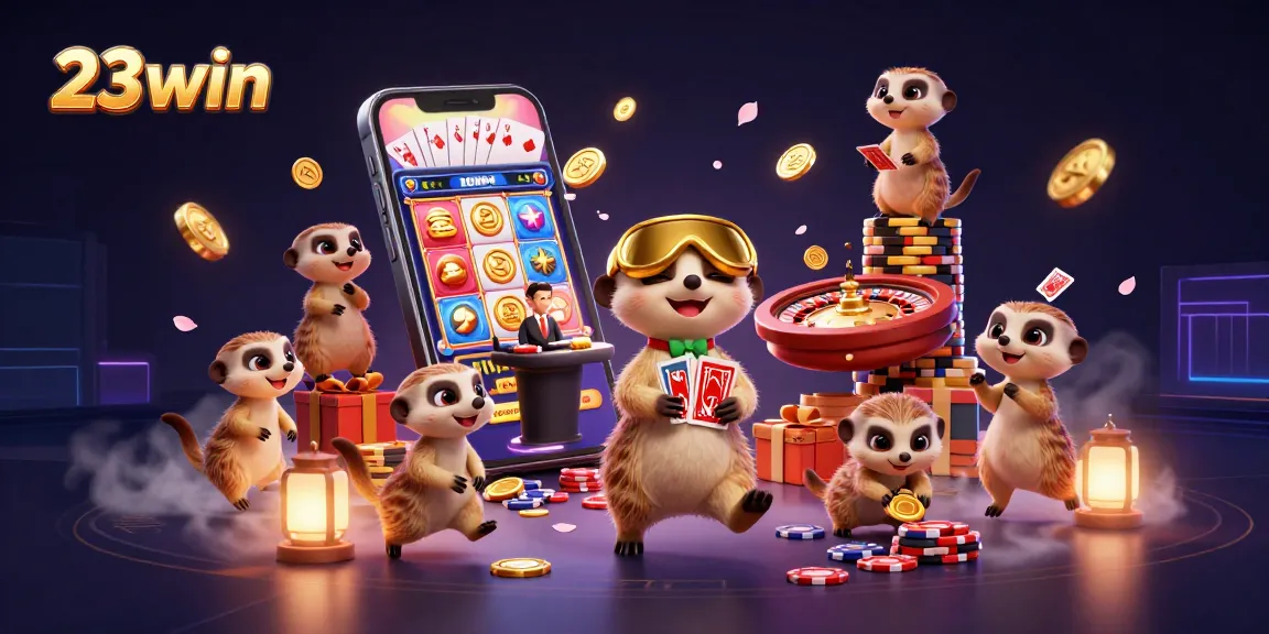 Engage in immersive casino fun with 23win's meerkat characters amidst vibrant slot games and dynamic atmosphere.