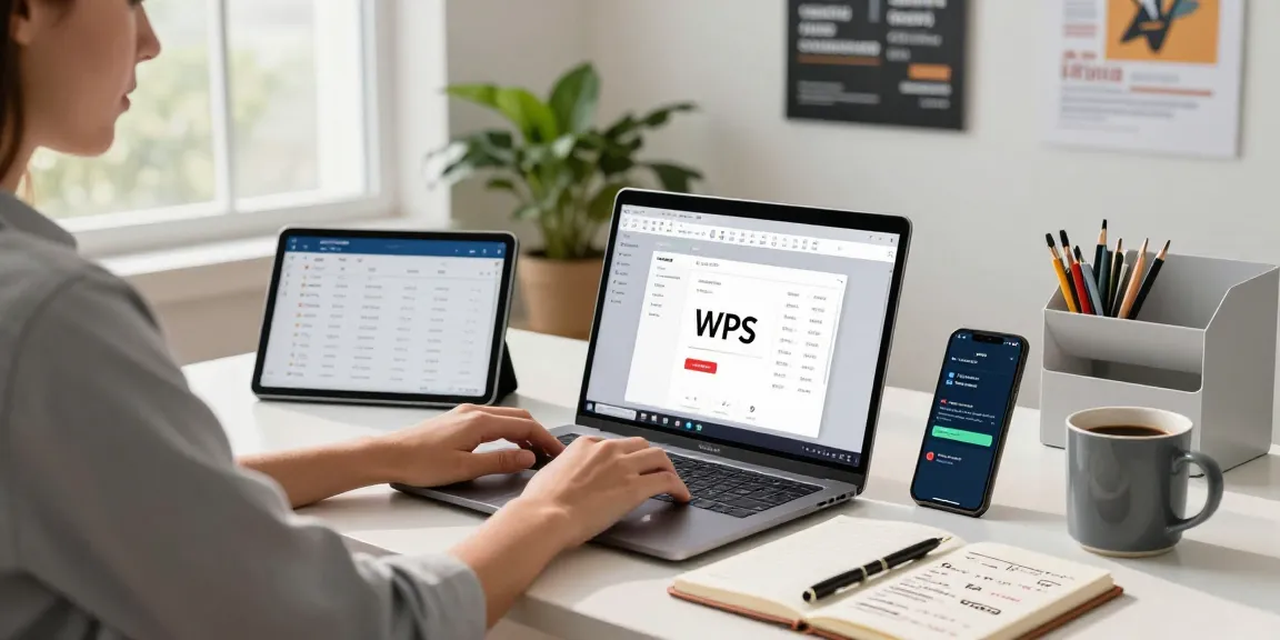 WPS Download depicted in a modern home office with productivity tools and a professional at work.