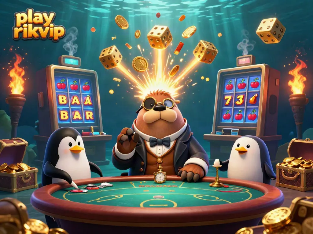 Engage in thrilling gameplay with play rikvip at a colorful casino table with vibrant characters.