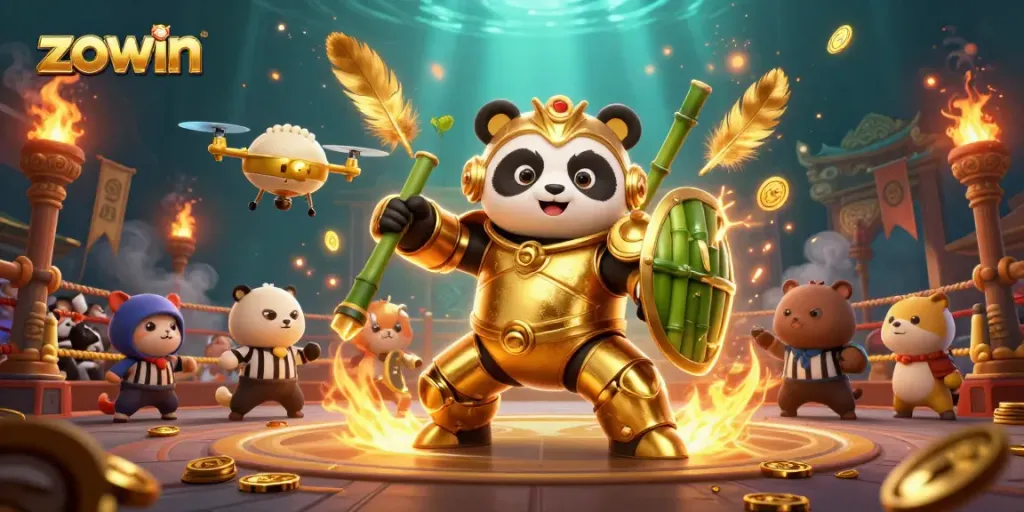 Zowin elevates gaming experiences with a dynamic arena featuring a mech-panda and animated elements.