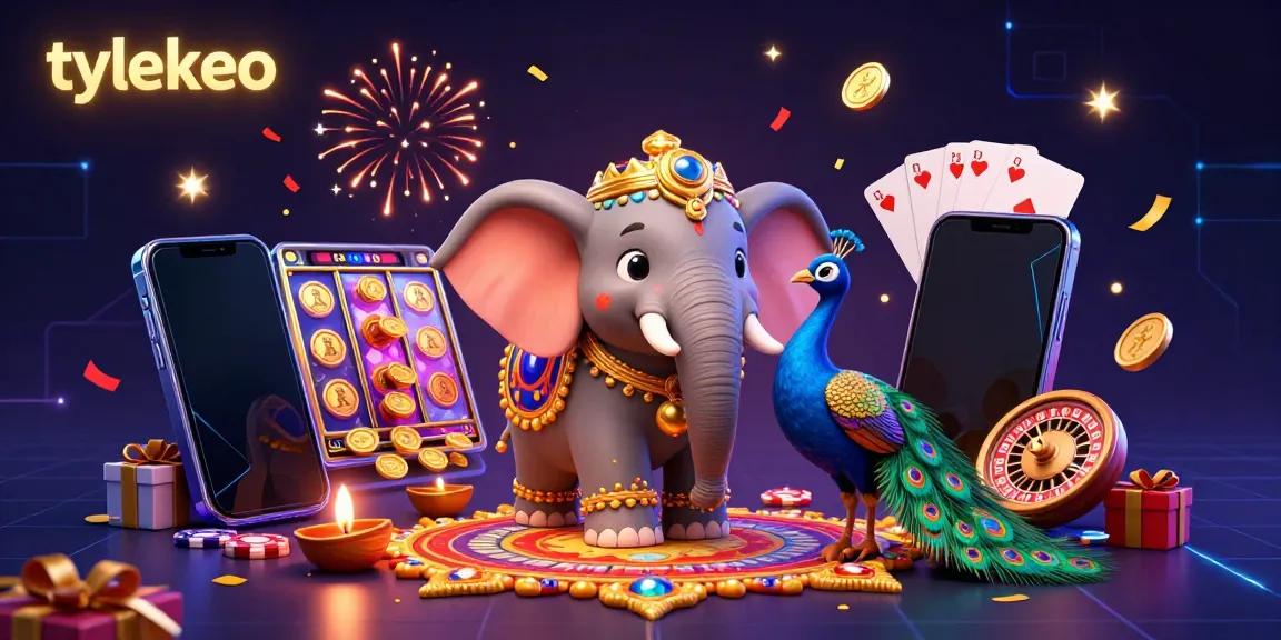 Tylekeo showcases vibrant gambling themes with a Diwali elephant, slot games, and dynamic casino elements.