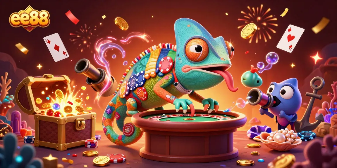Engage with excitement at ee88's dynamic casino scene featuring a colorful chameleon owner.