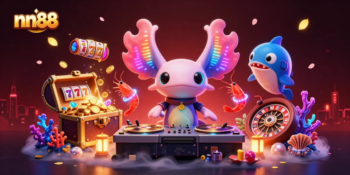 Experience the thrilling nn88 casino atmosphere with vibrant characters in a neon-lit illustration featuring exciting gambling elements.