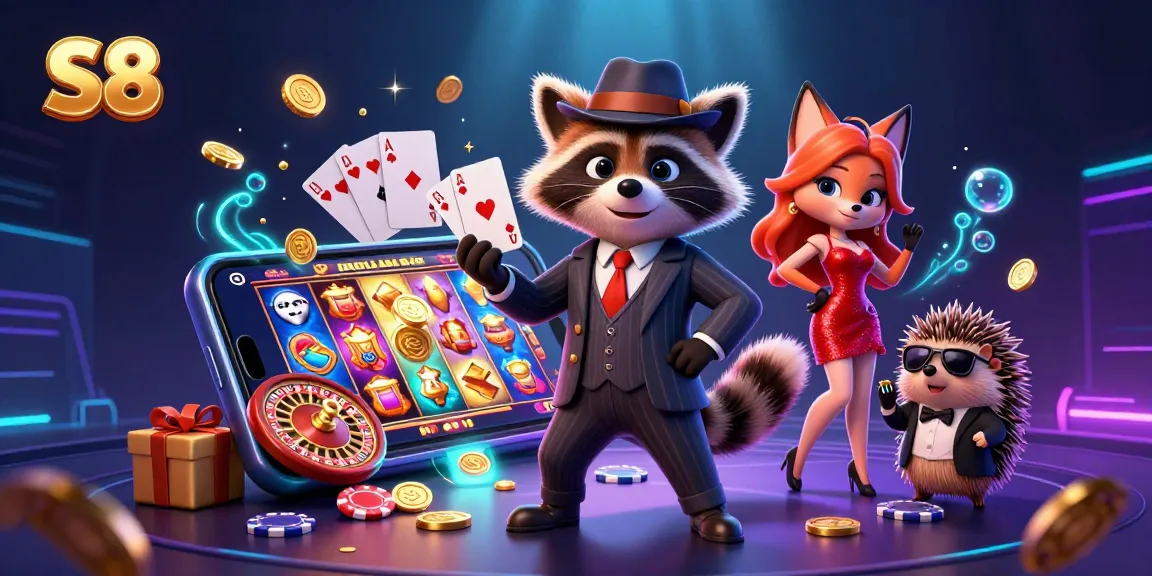 S8 casino features a suave raccoon and stylish fox in an exciting gambling scene with slot games.