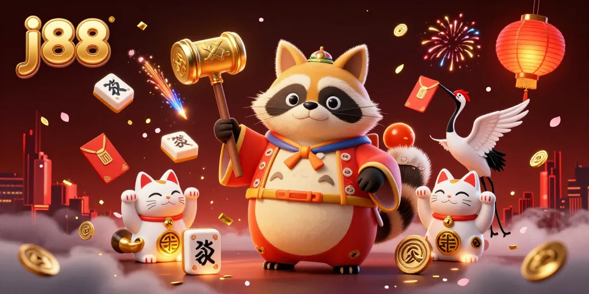 Experience the thrilling world of j88 with cheerful tanuki and festive elements in this vibrant casino illustration.
