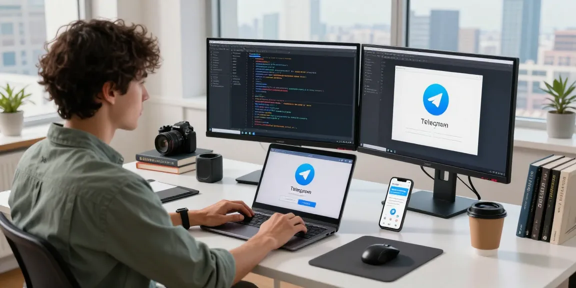 Developer downloading Telegram Download on laptop in a modern workspace with tech gadgets.