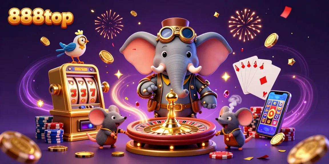 Experience the thrill of 888top with steampunk characters and vibrant casino elements in a rich 3D illustration.
