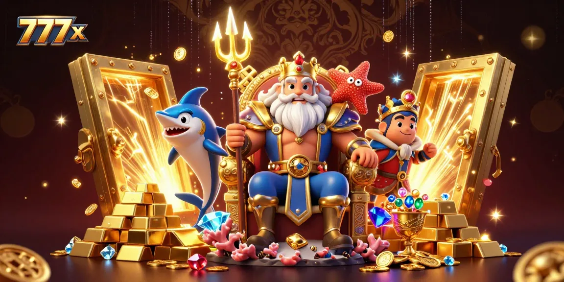Bet on big wins with 777x as Neptune reigns over a lively casino treasure scene.