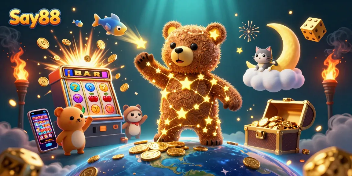 Engage with Say88 and win big at this vibrant online casino celebration scene filled with fortune symbols.