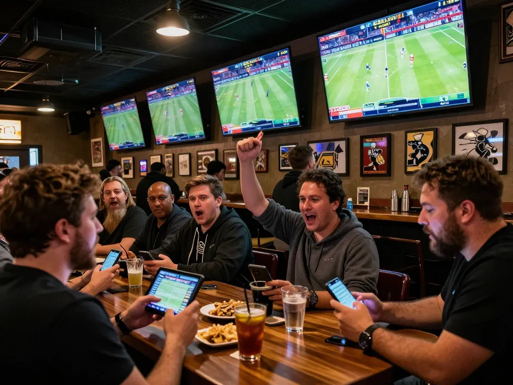 Engaged bettors analyzing tỷ lệ bóng đá kèo nhà cái in an exciting sports bar atmosphere.