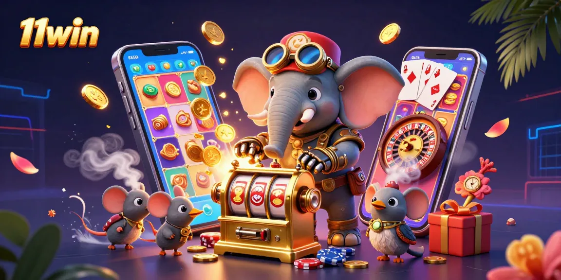 Engage in thrilling gambling with 11win, a steampunk elephant at a golden slot machine.