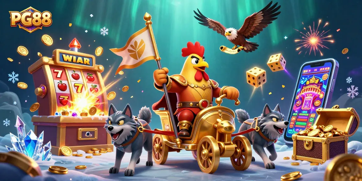 Experience thrilling action at PG88 with a vibrant cartoon scene depicting a rooster warlord and casino elements.