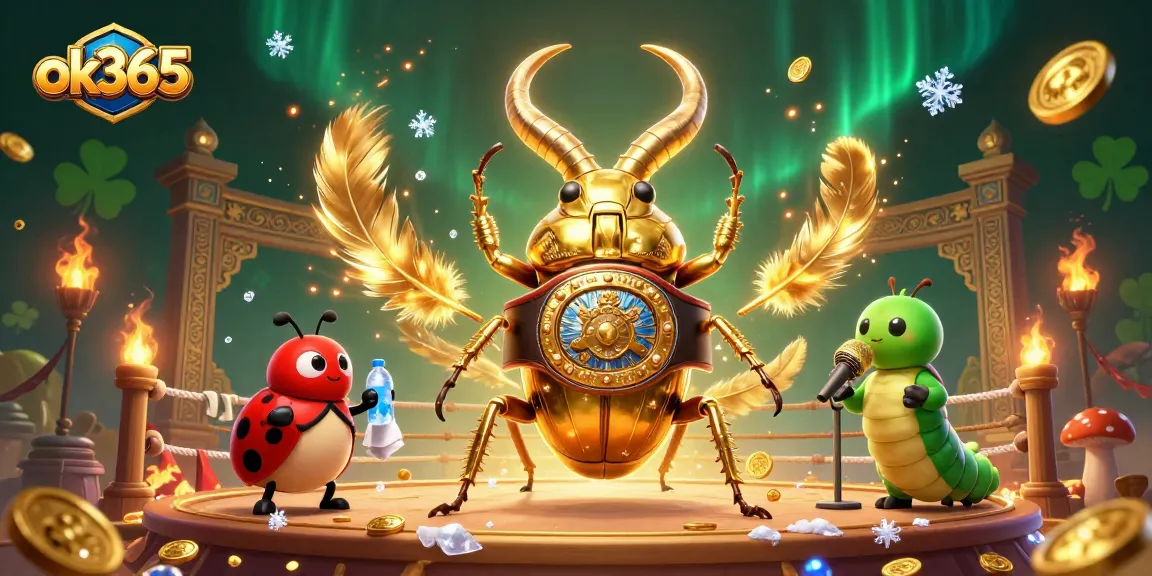 Engage in thrilling gameplay at ok365 with a dynamic 3D illustration showcasing a golden stag beetle battling amidst casino elements.