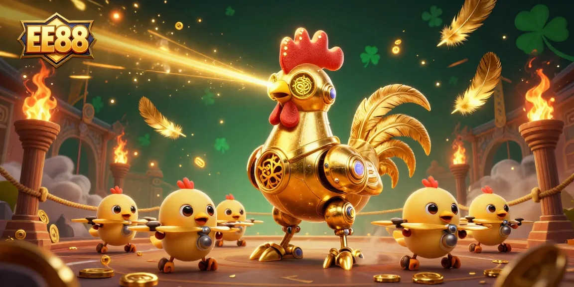 Experience exciting gameplay with the stunning EE88 golden rooster robot and its crew in a vibrant casino scene.