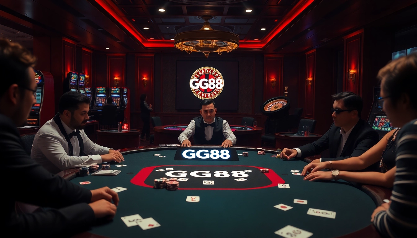 Players enjoying a thrilling game at GG88's casino table, surrounded by luxurious ambiance.