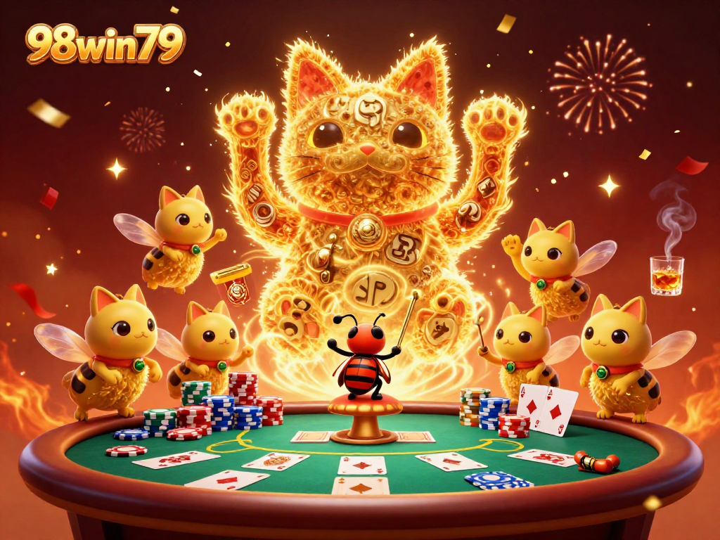 Experience thrilling action at 98win79 with a vibrant golden lucky cat and electrifying casino ambiance.