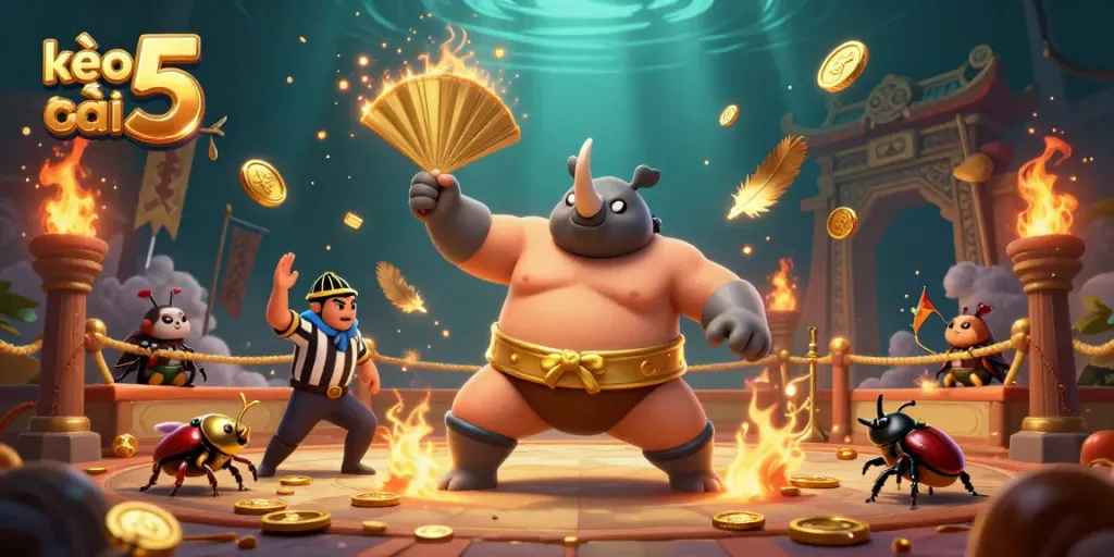 Engage with kèo nhà cái 5 through dynamic action as a cartoon rhinoceros beetle champion sends coins flying in a vibrant illustration.