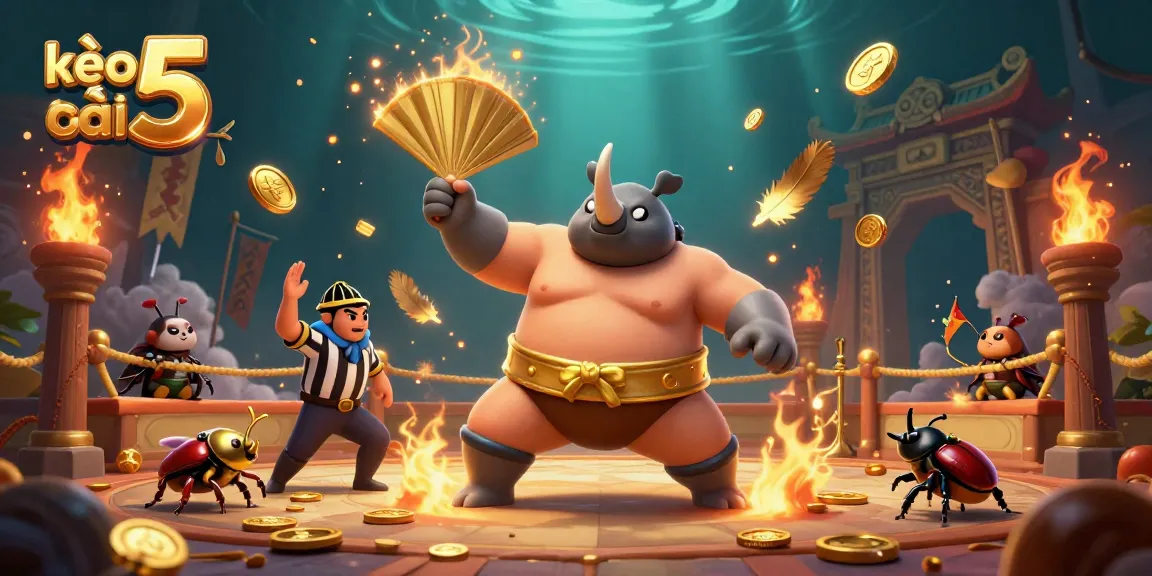 Engage with kèo nhà cái 5 through dynamic action as a cartoon rhinoceros beetle champion sends coins flying in a vibrant illustration.