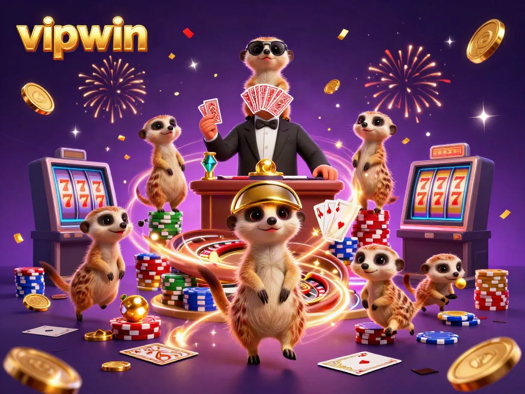 Engaging scene of meerkats operating the vipwin casino, showcasing vibrant gambling elements.