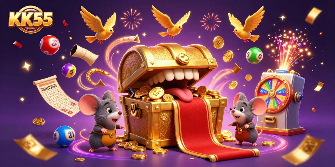 Experience the thrilling world of KK55 with a vibrant 3D illustration featuring colorful lottery elements and dynamic gaming excitement.