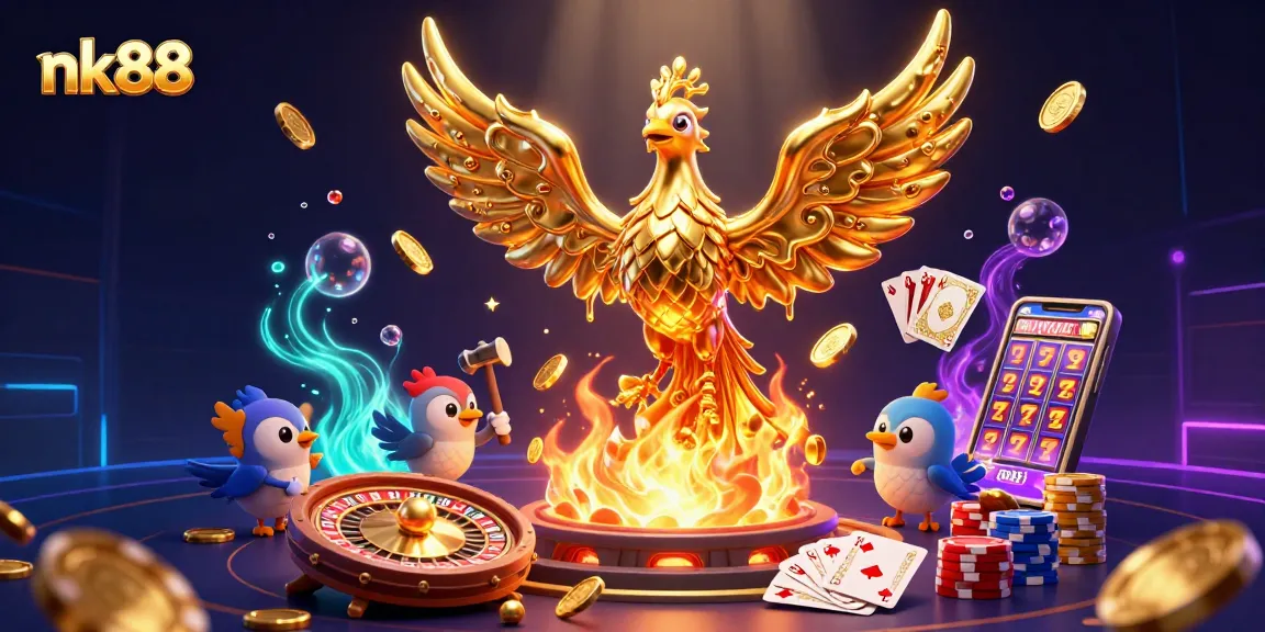 nk88 celebrates with a golden phoenix and gaming elements amidst cascading treasures.
