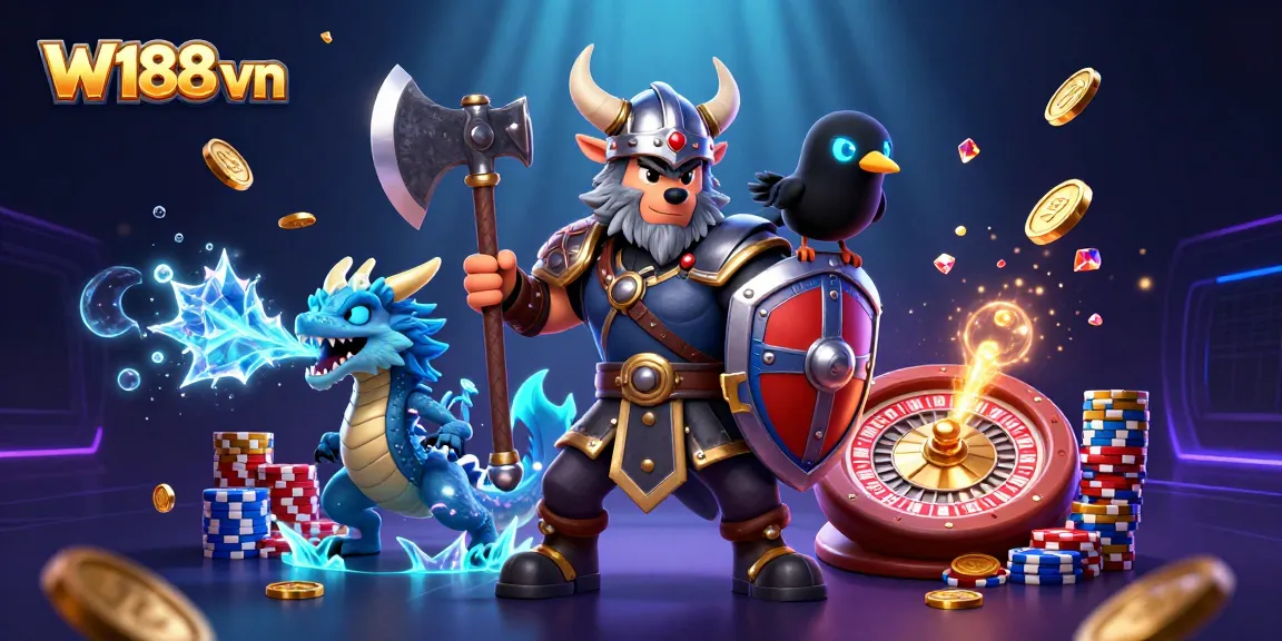 Join the fun at W188 vn, where a Viking wolf warrior and dragon engage players among golden coins and casino elements.