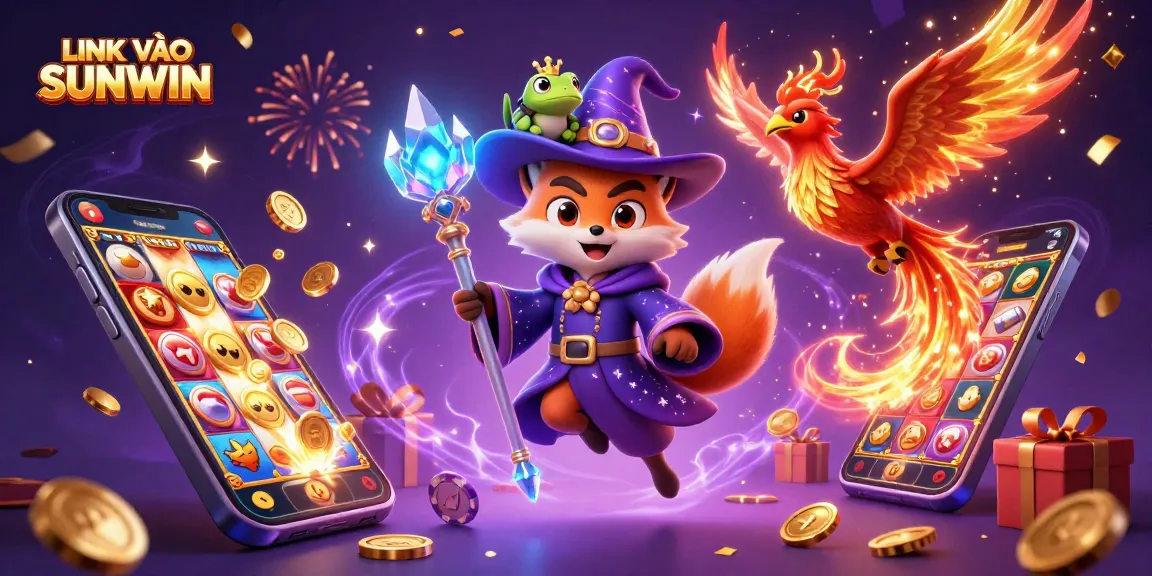 Win big with LINK VÀO SUNWIN featuring a wizard fox, phoenix, and vibrant casino elements!