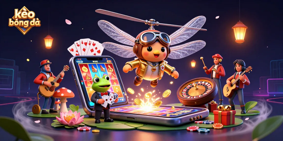 Engage in kèo bóng đá with vibrant casino elements featuring a dragonfly pilot and frog dealer.
