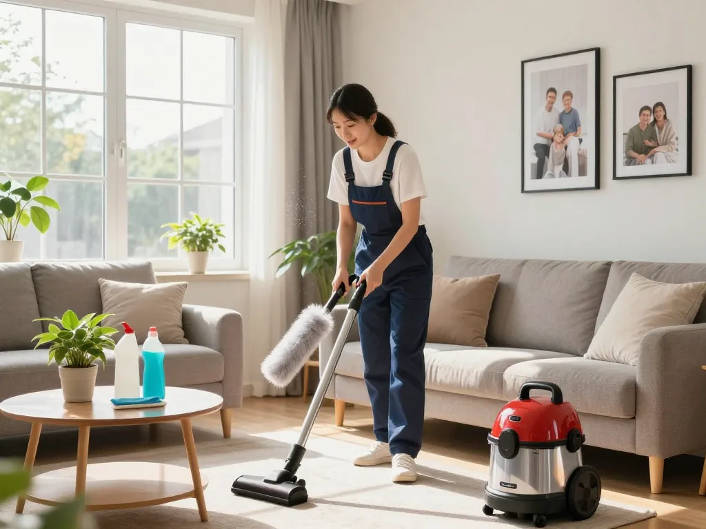 Professional cleaner organizing a tidy living room to zjistěte více about effective home cleaning.