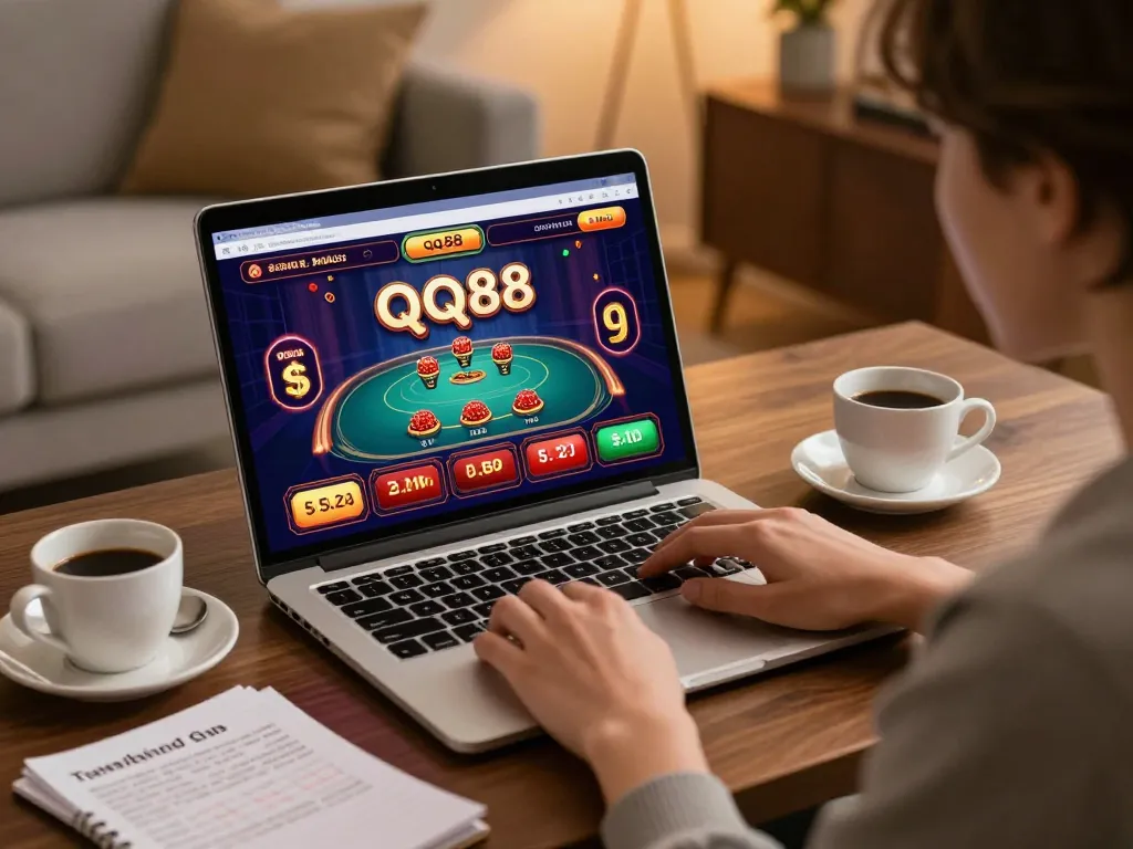 Engaging in qq88 online gaming experience with laptop and strategy notes in a cozy setting.