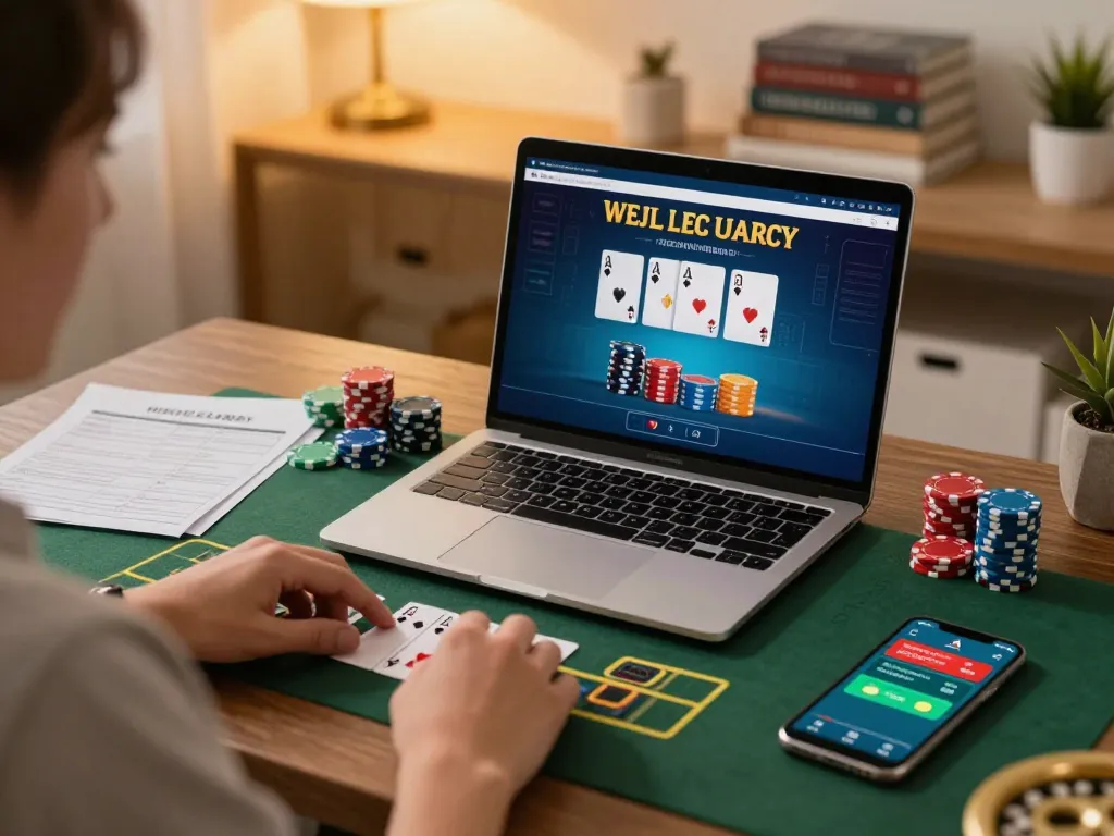 JUN88 player strategically betting in an online blackjack game at home, showcasing engaging gaming setup and warm environment.