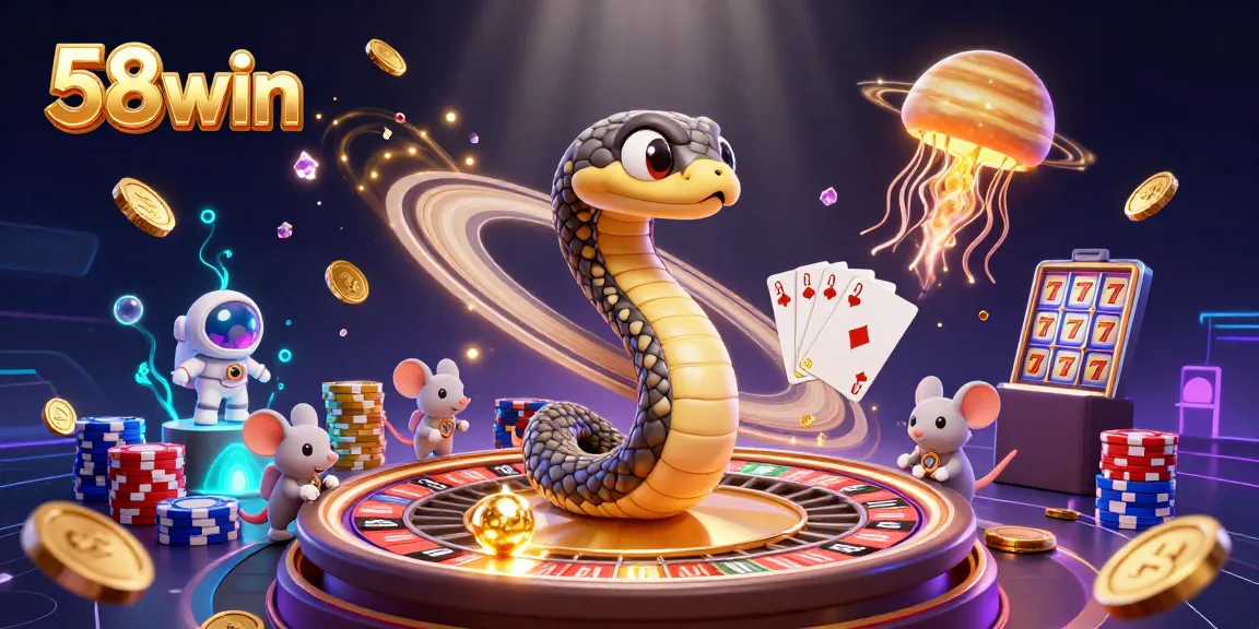 Engage with 58win through a vibrant casino scene featuring cosmic characters and dynamic betting action.