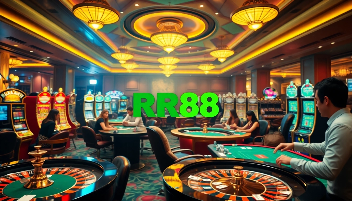 Experience the thrill of gambling at RR88 with vibrant slot machines and roulette tables.