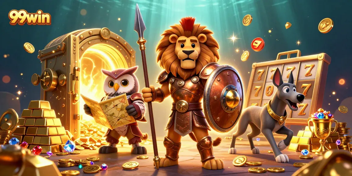 Experience the thrill of 99win's vibrant slot games, featuring dazzling characters and treasures.
