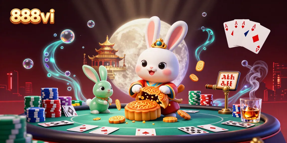 Experience thrilling gameplay with 888vi as a moon rabbit brings luck and poker excitement under a glowing sky.