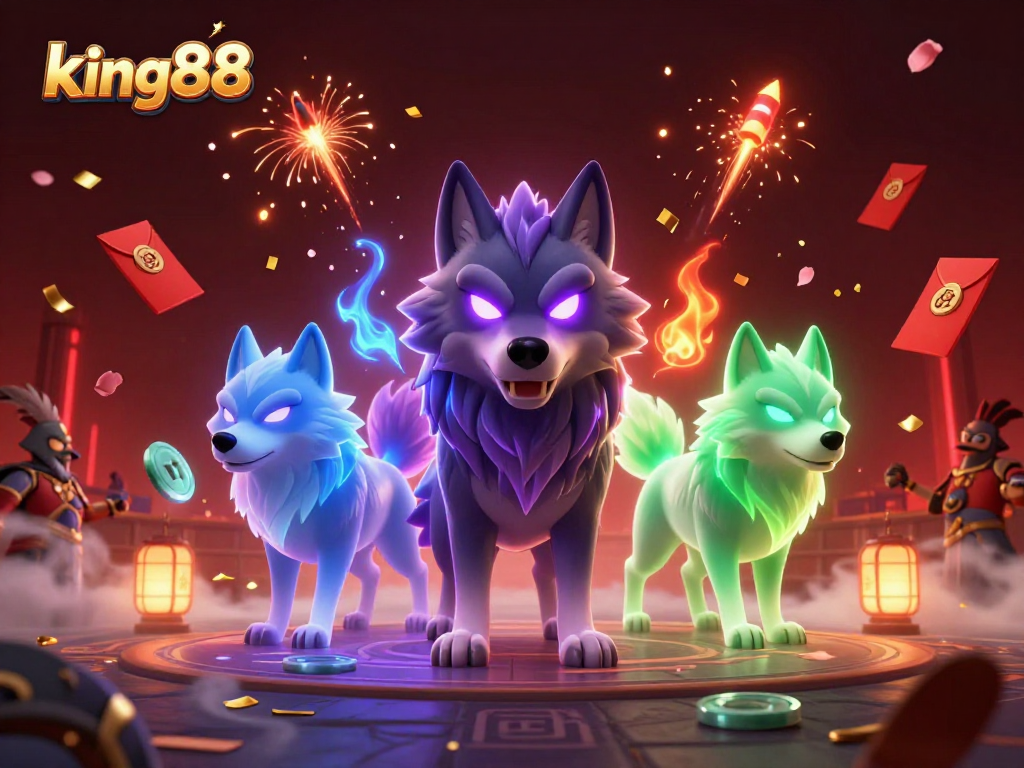 Witness the thrilling energy of king88's cockfighting arena featuring vibrant 3D wolf characters.
