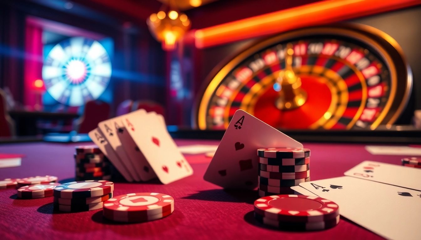 The excitement of gambling at https://s8vn.press/ showcases a vibrant casino scene with poker cards and chips.