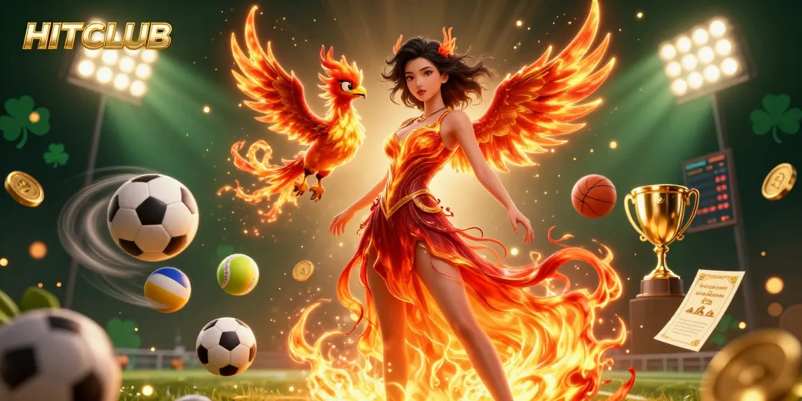HITCLUB attracts players with a dynamic scene featuring a woman in flame-like attire and a phoenix amidst sports elements.