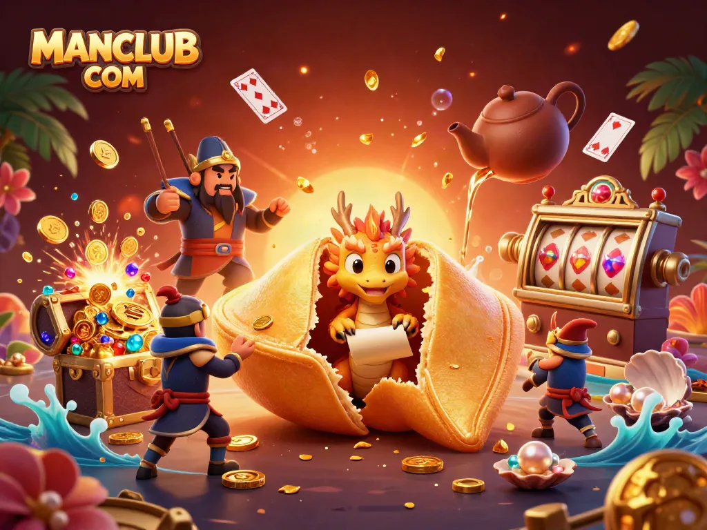 Experience the thrill at MANCLUB COM with golden treasures and playful characters in a vibrant casino setting.