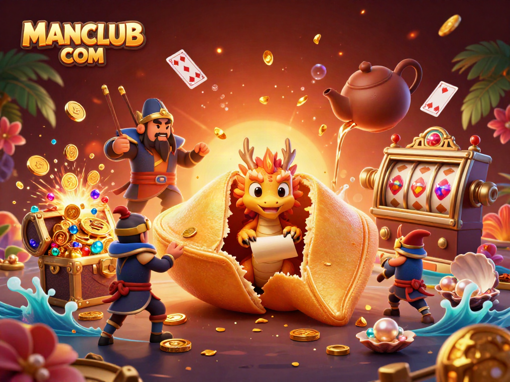 Experience the thrill at MANCLUB COM with golden treasures and playful characters in a vibrant casino setting.
