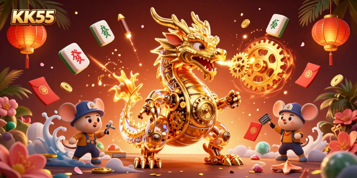 Win at KK55 with a vibrant 3D casino fantasy scene featuring a golden dragon, fireworks, and lively decorations.