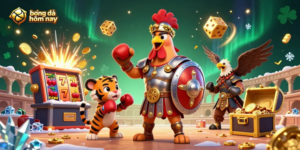Experience trực tiếp bóng đá hôm nay with a lively scene of cartoon gladiator and vibrant casino elements.